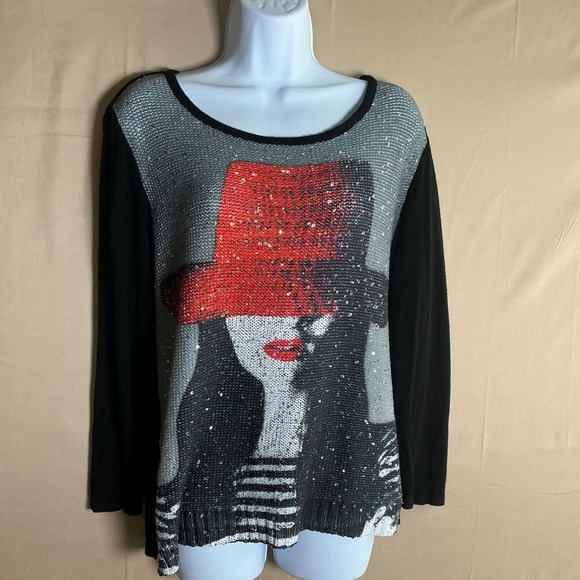 Tricotto Tops - Tricotto Womens Large Black Red Hat Sequin Graphic Long Sleeve Knit Top Turkey
